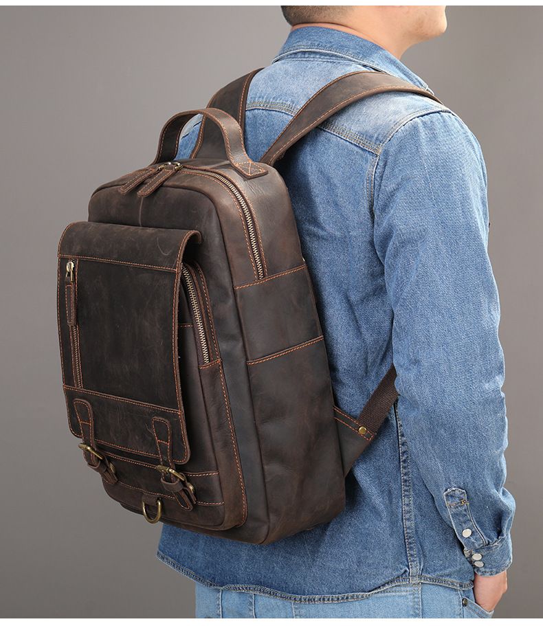 Head layer cowhide business commuting computer backpack, large capacity European and American retro backpack, cross-border crazy horse leather backpack