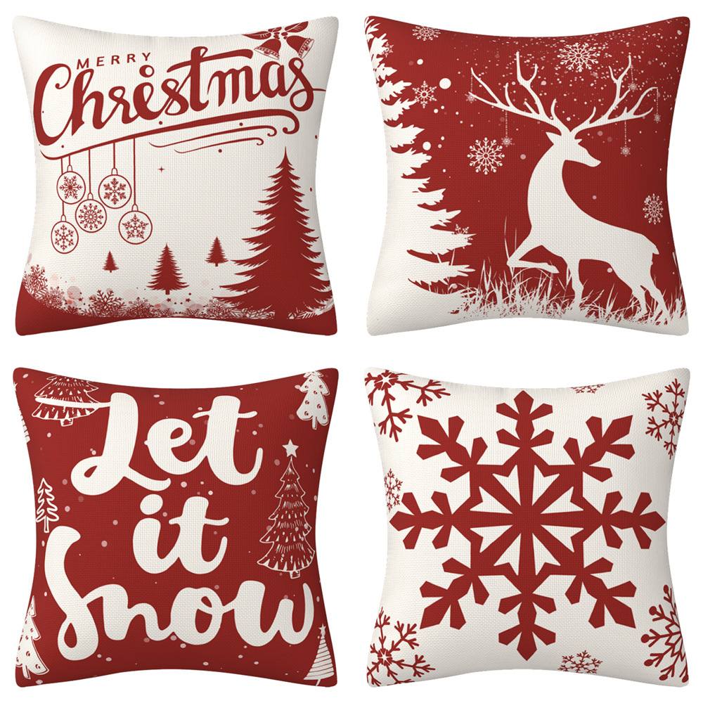 HOOM-11 Red Christmas Pillow Covers 45x45cm Snowflake Christmas Trees Merry Christmas Elk Deer Decorative Cushion Covers Farmhouse Christmas Decorations for Home & Sofa