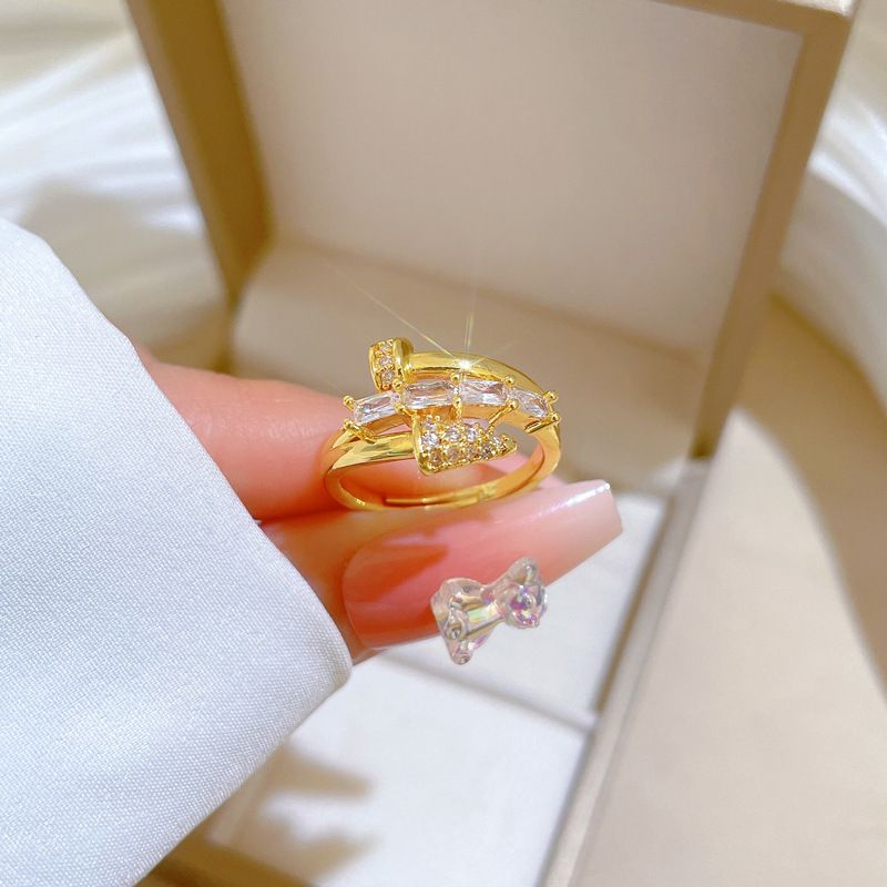 Minimalist Cold Style Intertwined Double Band Micro Pave Cubic Zirconia Open Adjustable Ring Real Gold Electroplated Trendy Viral Index Finger Ring Sparkly Multi-cut Crystal Statement Hand Jewelry Elegant Daily Dating Party Accessory Gift For Women
