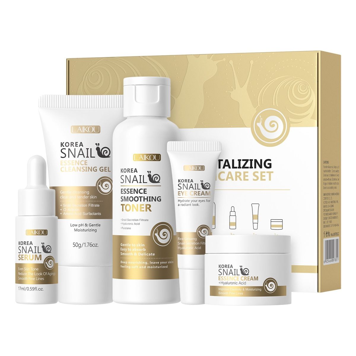 LAIKOU Korea Snail Essence Skincare Set (Cleanser, Toner, Serum, Eye Cream, Face Cream) - Hydrating, Anti-aging, Brightening, for Smooth and Delicate Skin