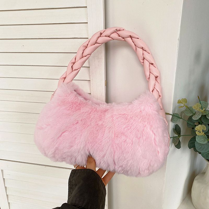 Women's New Plush Handbag Solid Color Zipper Handbag