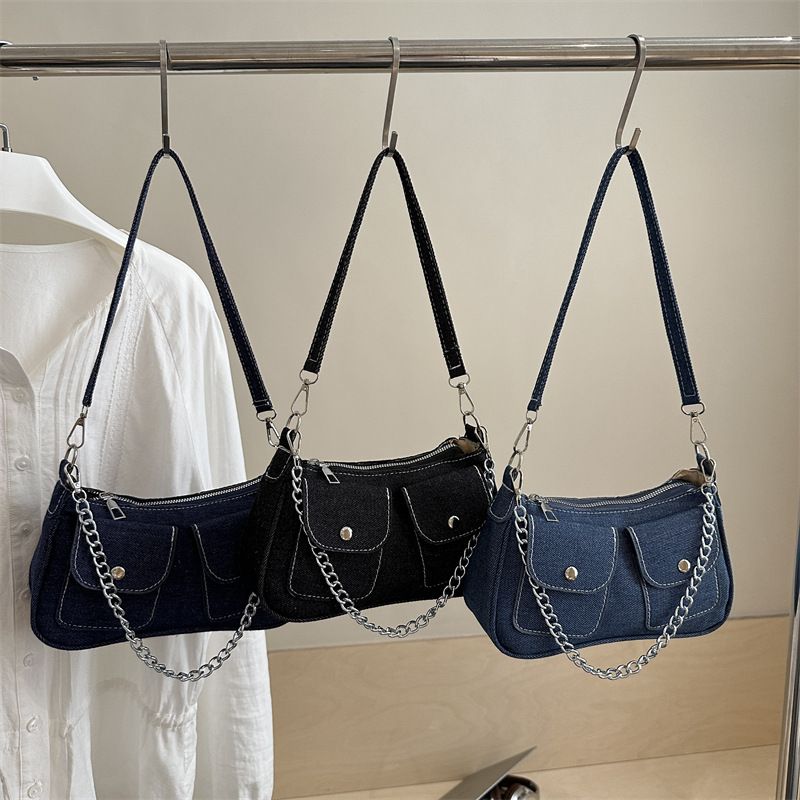Women's Y2K Denim Shoulder Bag, 24x13.5cm Casual Crossbody Purse with Chain Decor, Trendy Baguette Hobo Bag for Daily & Street Style
