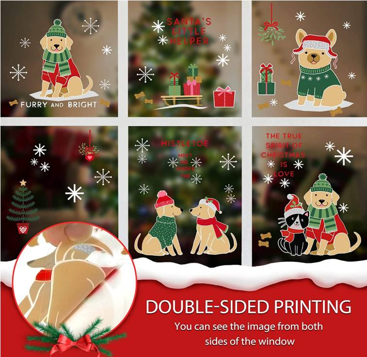 Christmas Window Clings Cute Dog Christmas Window Stickers Double Side Printed Dog Christmas Clings for Glass Windows Snowflakes Window Stickers for Home School Office Decorations 4 Sheets