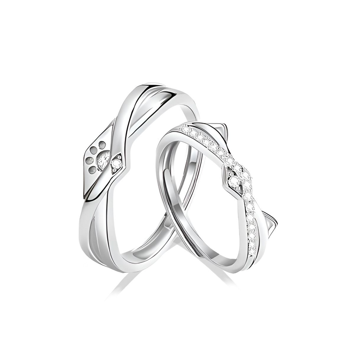 Adjustable Cat Couple Rings for Women Men, s999 Sterling Silver Promise Matching Rings with Cat Paw & Ears Design, Cubic Zirconia Inlaid, Open Adjustable Band, Anniversary Engagement Wedding Jewelry Gift for Lovers