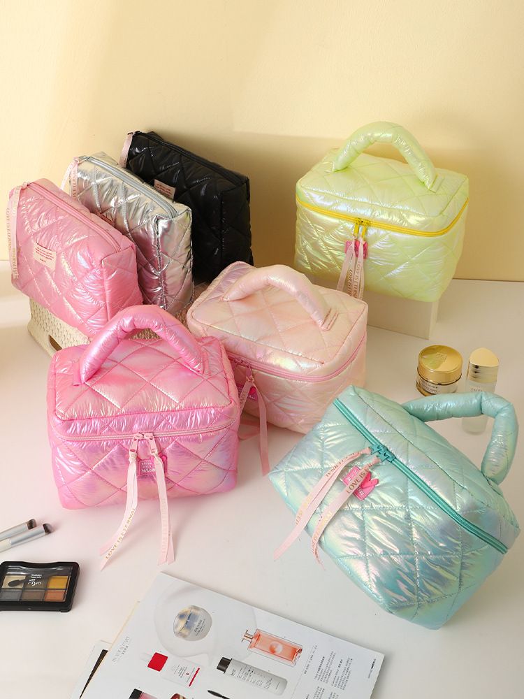 Dopamine Holographic Quilted Cosmetic Bag Large Capacity Portable Travel Makeup Organizer with Handle Waterproof Toiletry Pouch for Women
