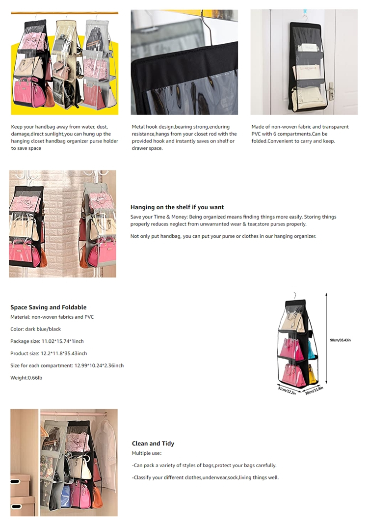 Hanging Handbag Organizer Dust-Proof Storage Holder Bag Wardrobe Closet for Purse Clutch with 6 Larger Pockets Grey