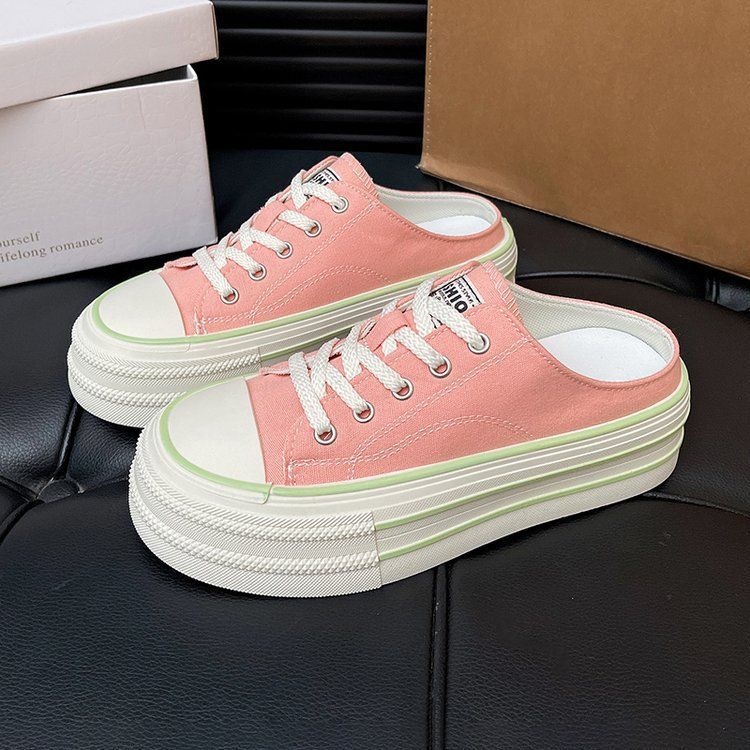 Candy-colored canvas shoes for women 2025 summer new style a single shoe with a full head preppy style thick sole simple half slipper