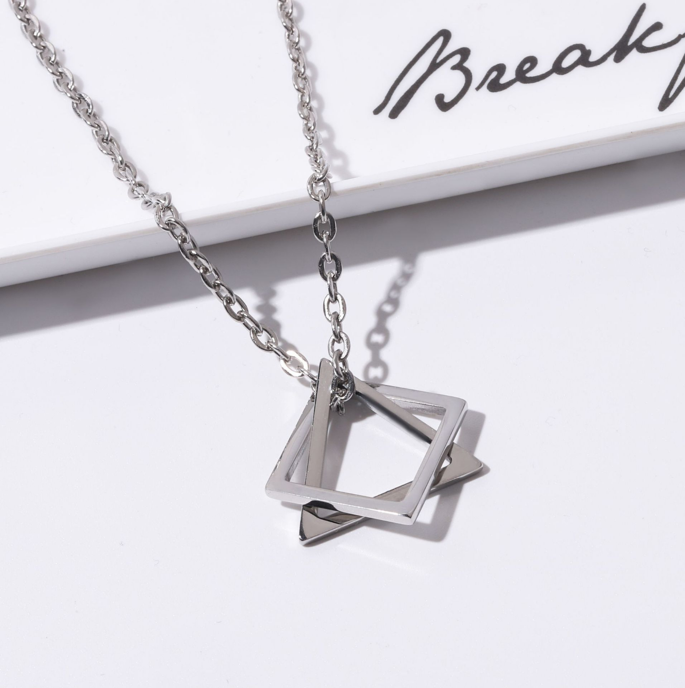 Solid Stainless Steel Triangle And Square Extension Pendant Necklace Charm Chain Secure Lobster Lock Clasp Necklace For Men
