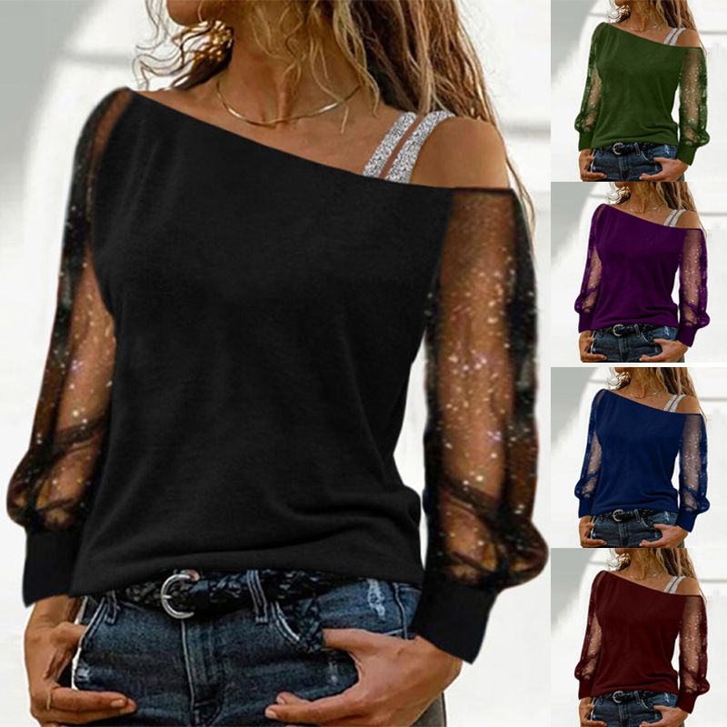 0169 Women's Spring/Summer Fashion Long Sleeve Off Shoulder Top Solid Color Loose Top