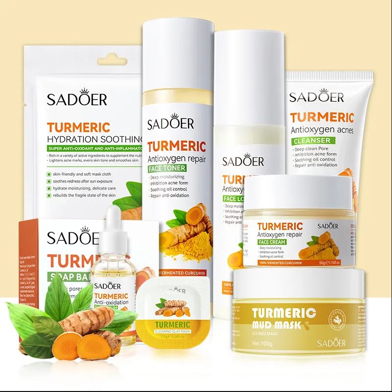 Turmeric Skincare Set Anti Acne Dark Spot Whitening Private Label Soap Serum Scrub Cream Facial Wash face Skin Care Set
