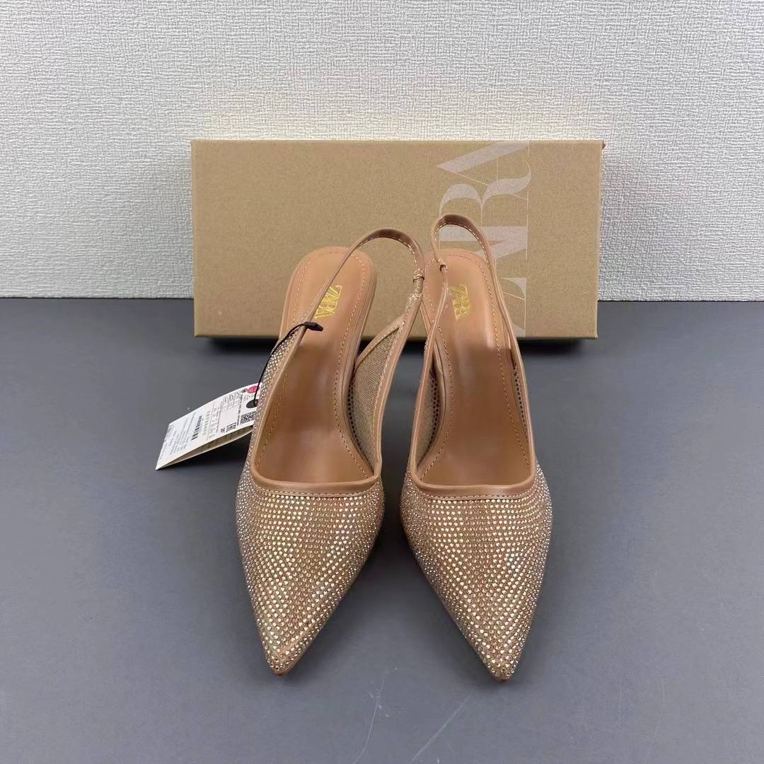 ZA new 2024 summer pointy back lacing stiletto heels female light rhinestone slingback fashion single sandals female