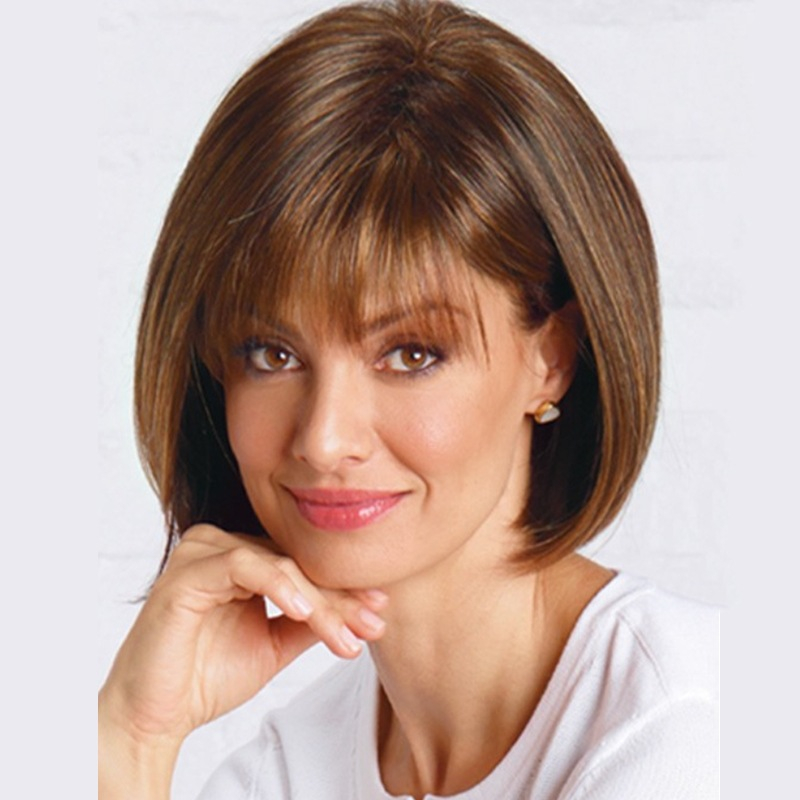 752 12 Inch Brown Bob Wigs with Bangs Short Straight Bob Wigs for Women Lace Front Wigs Short Bob Brown Wigs