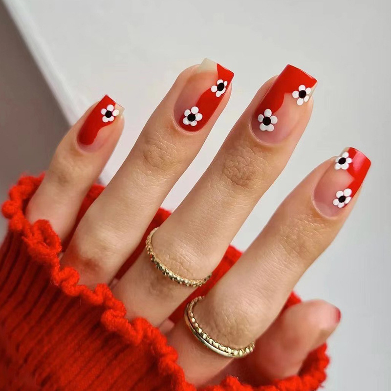 JP1500 24 Pcs Glossy Press on Nails, Short Square French Flower Print Fake Nails, Acrylics Full Cover False Nails for Women and Girls