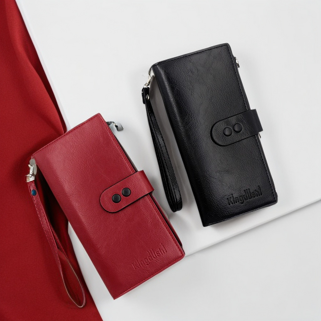 R824-3 Zipper Pu Leather Long Wallet Buckle Multi function Solid Color Coin Purse Strap Clutch For Women