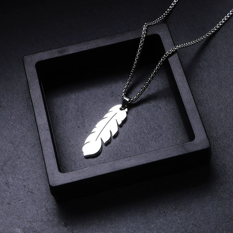 Feather titanium steel necklace, stainless steel feather pendant necklace CRRSHOP free shipping Square pearl chain 70cm