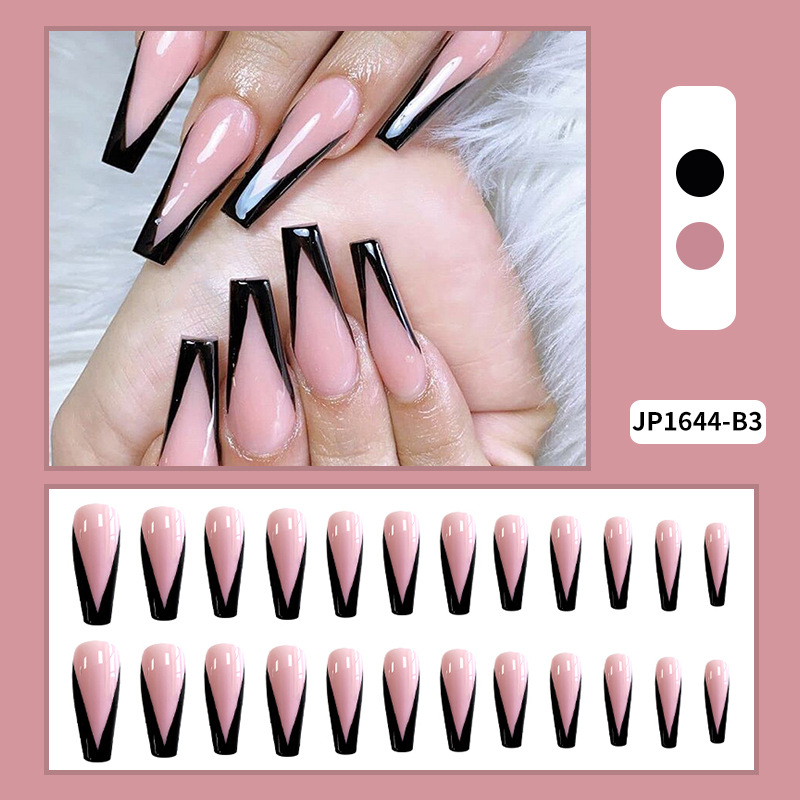 24Pcs/Set Pink Black Design False Nail French Stiletto Full Cover Fake Nails Glue DIY Manicure Nail Art Tools