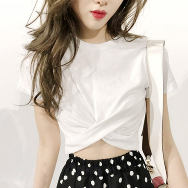 102 Women's Loose Irregular Design Crop Solid Color T-Shirt