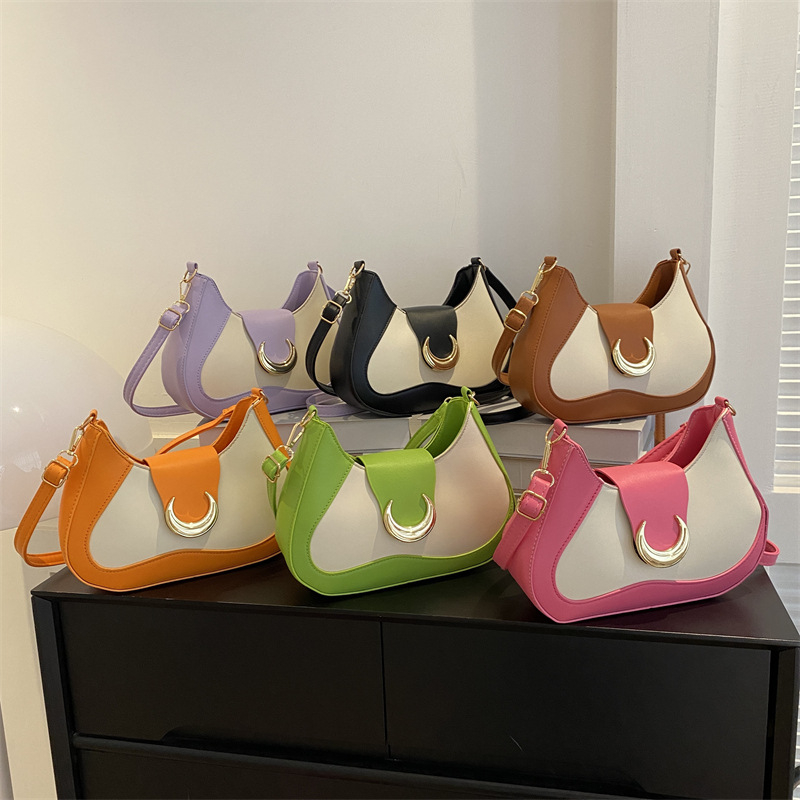 6303 Ladies Underarm Handbags Vintage Canvas Patchwork Vegan Leather Metal Buckle Hand Bag