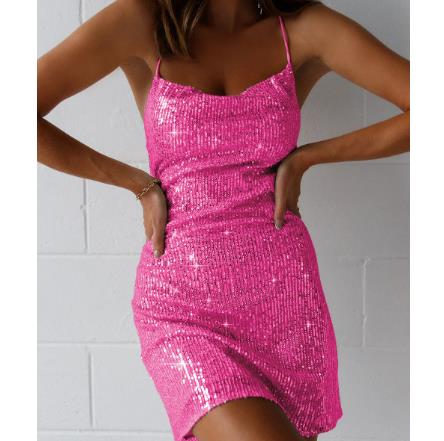 EQOW Women's Autumn New Sexy Solid Color Sleeveless Hip Skirt Sequined Short Skirt