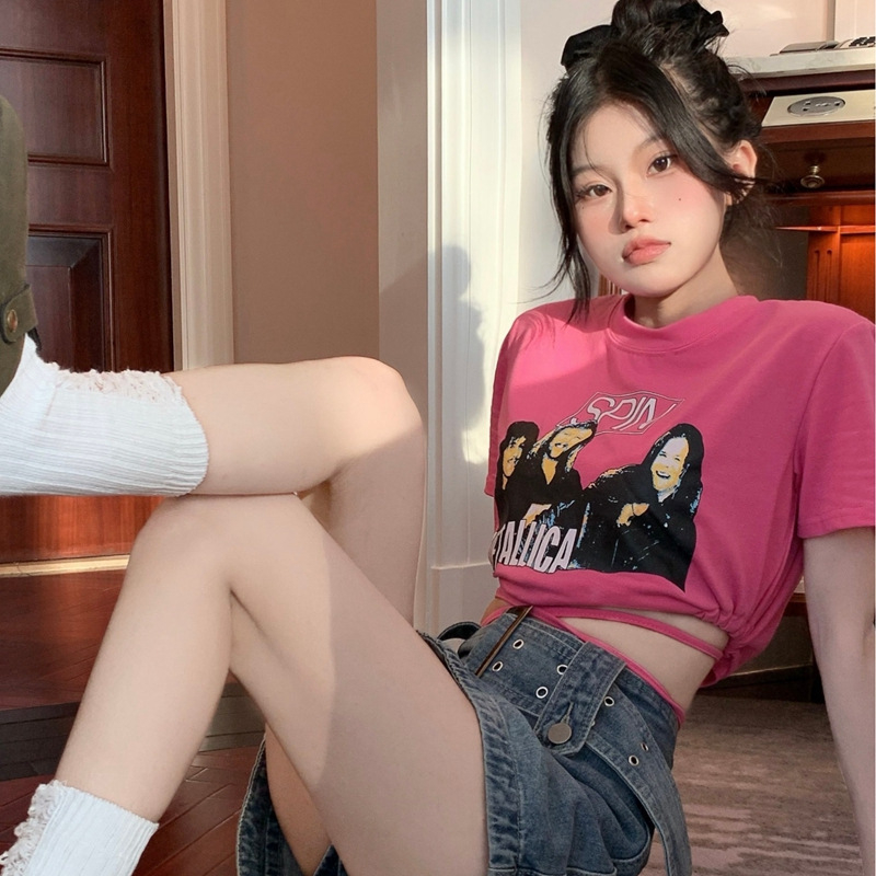 Women's Summer Niche Lace-Up Cropped T-Shirt Print Pink Top