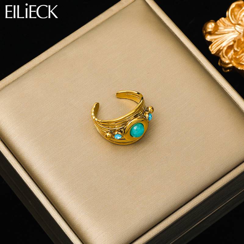 Stainless Steel Green Stone Vintage Ring For Women New Quality Cuff Finger Ring Jewelry Gift
