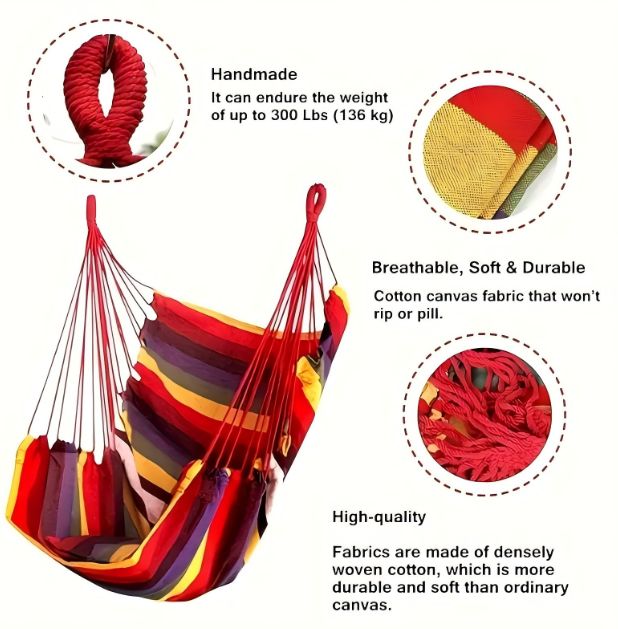 Hammock Chair Hanging Rope Swing, without Cushions, Sturdy & Durable Soft Cotton Hand Woven, Macrame Hanging Chair for Indoor/OutdoorRed stripe