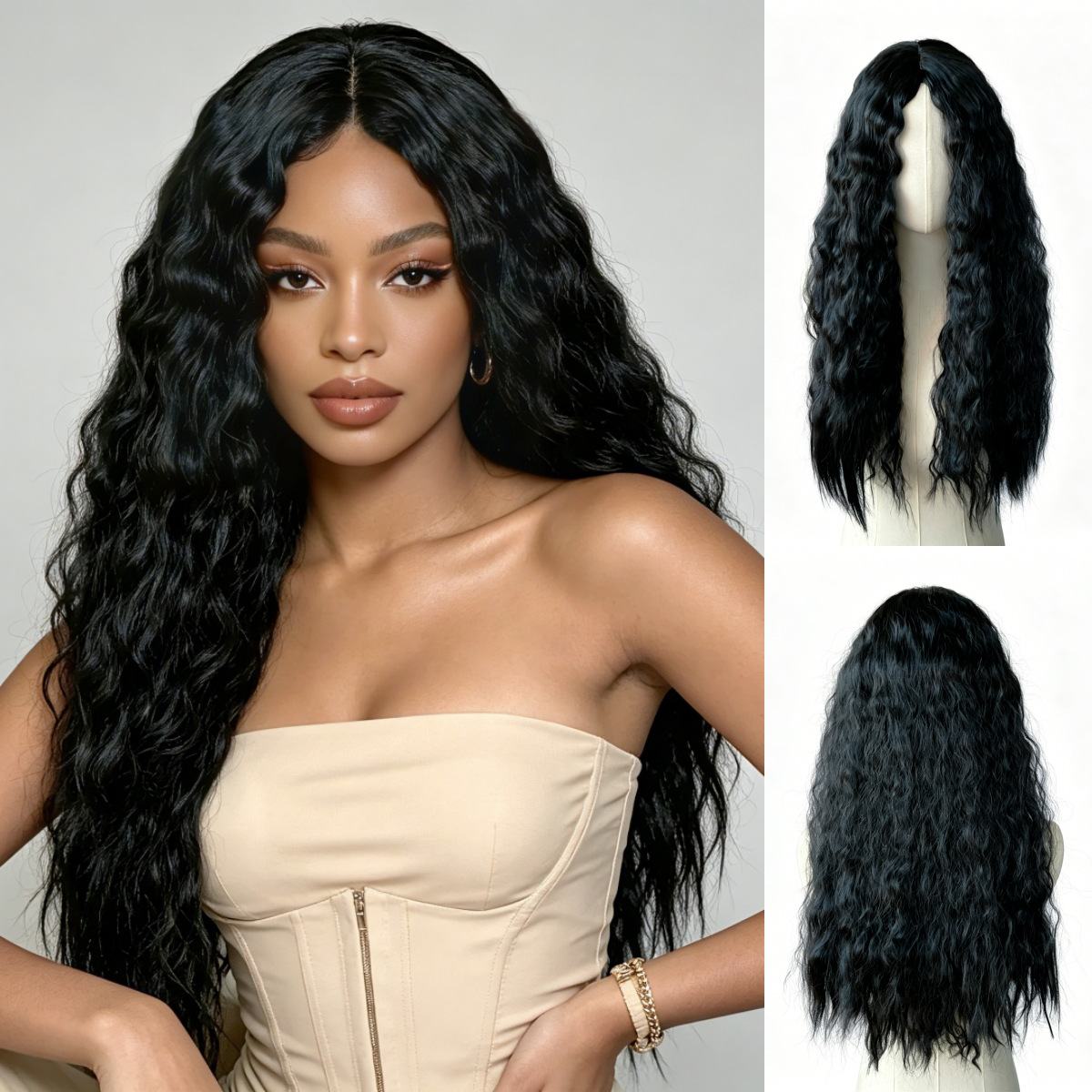 Fashion Women Long Black Wavy Wig Natural Middle Part Loose Curly Synthetic Hair Wigs Heat Resistant Fiber Full Head Wig for Daily Party Photo Cosplay Daily Wear