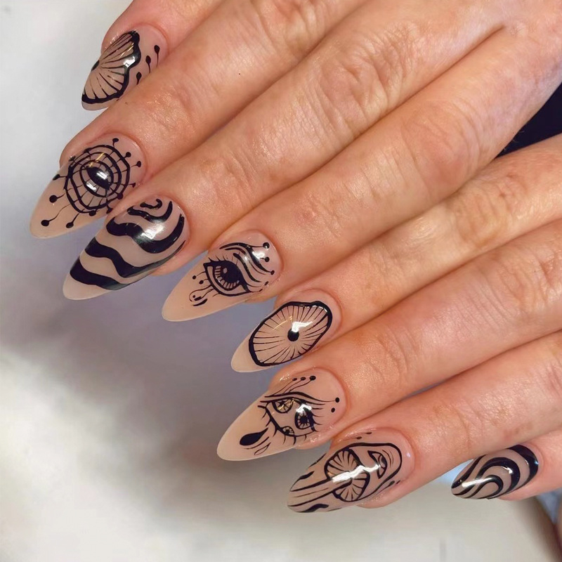 JP1778 24 Pcs Glossy Press on Nails, Medium Stiletto Doodle Line Pattern Fake Nails, Acrylics Full Cover False Nails for Women and Girls
