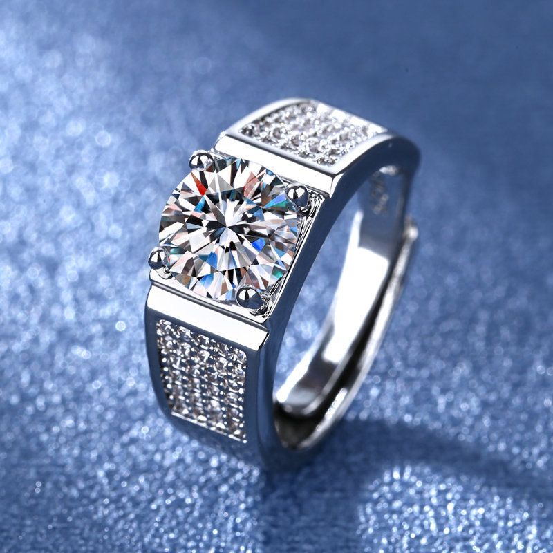 LJZ-45 2CT Luxury Moissanite Ring for Men D Color Brilliant Halo Wedding Diamond Band S925 Sterling Silver Jewelry