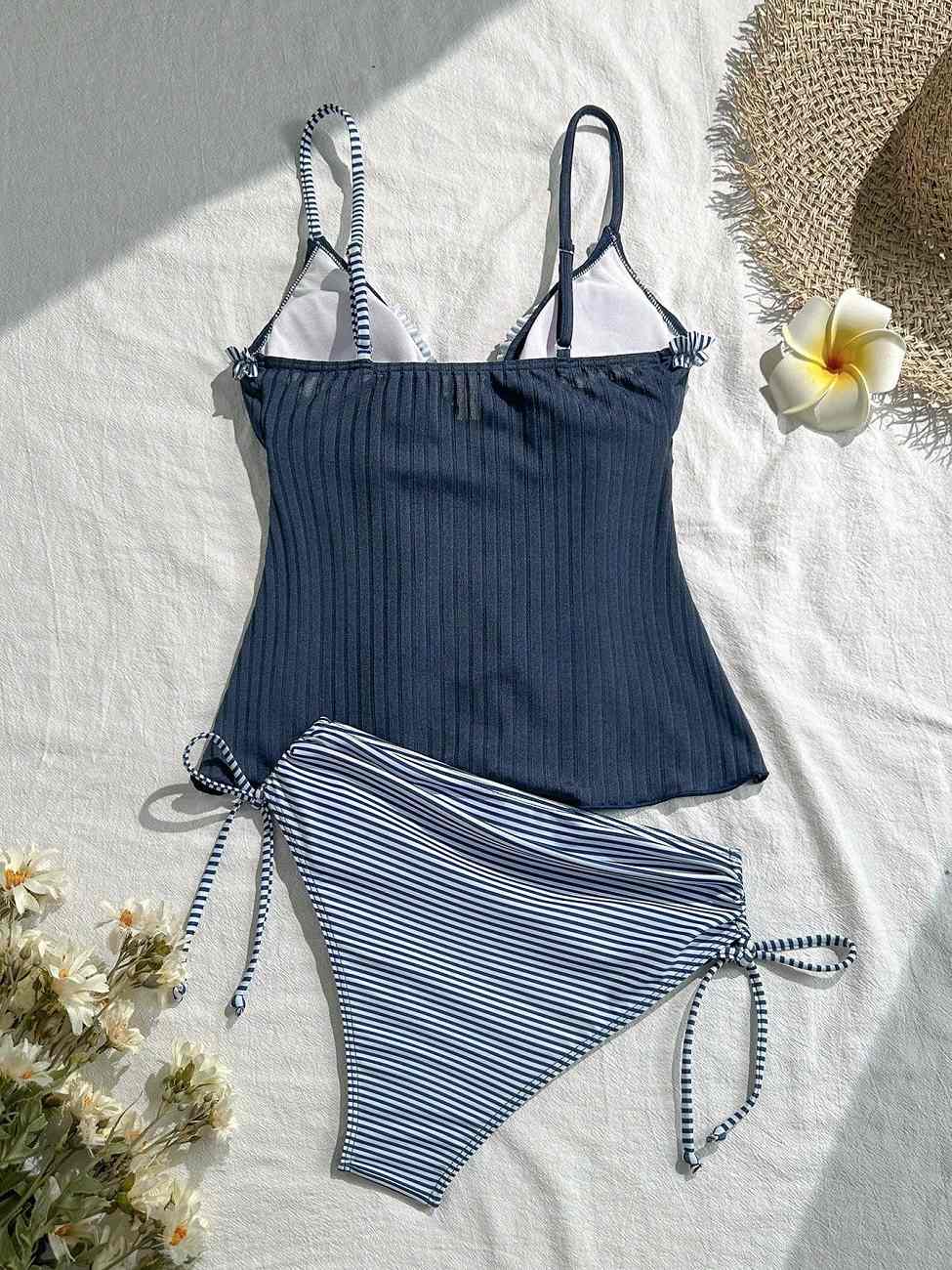 Women's Ruffled V-Neck Tankini Set with Striped Trim, Adjustable Spaghetti Straps, Flowy Peplum Top & Striped Mid-Rise Bottom, Two-Piece Swimsuit for Beach, Pool & Vacation

