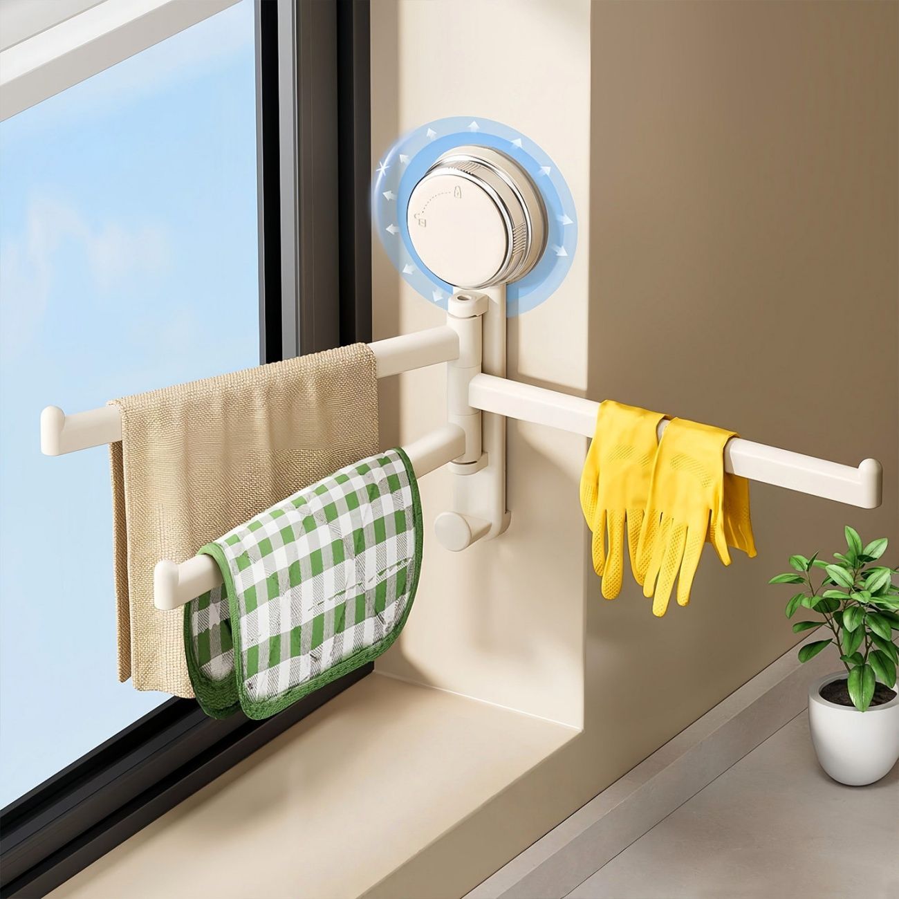 Wall Mount Suction Cup Towel Rack, Multi Rod Rotatable Kitchen Sink Drain Rack, Window Sill Rag Holder for Dish Cloth, Kitchen Organizer