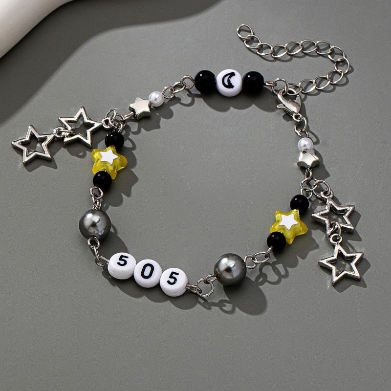 Silver-Tone Star Charm Beaded Bracelet with Number & Moon Beads, Adjustable Chain with Yellow & Black Accents, Casual Fashion Wrist Jewelry for Women
