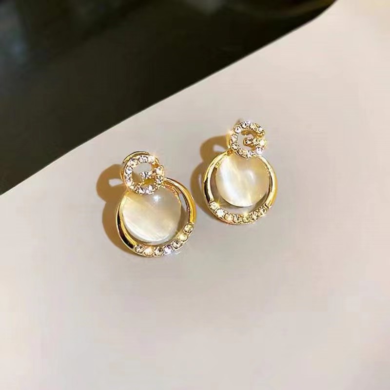 R015 Women's Fashion Geometric Opal Earrings Letter Inlaid Rhinestone Stud Earrings