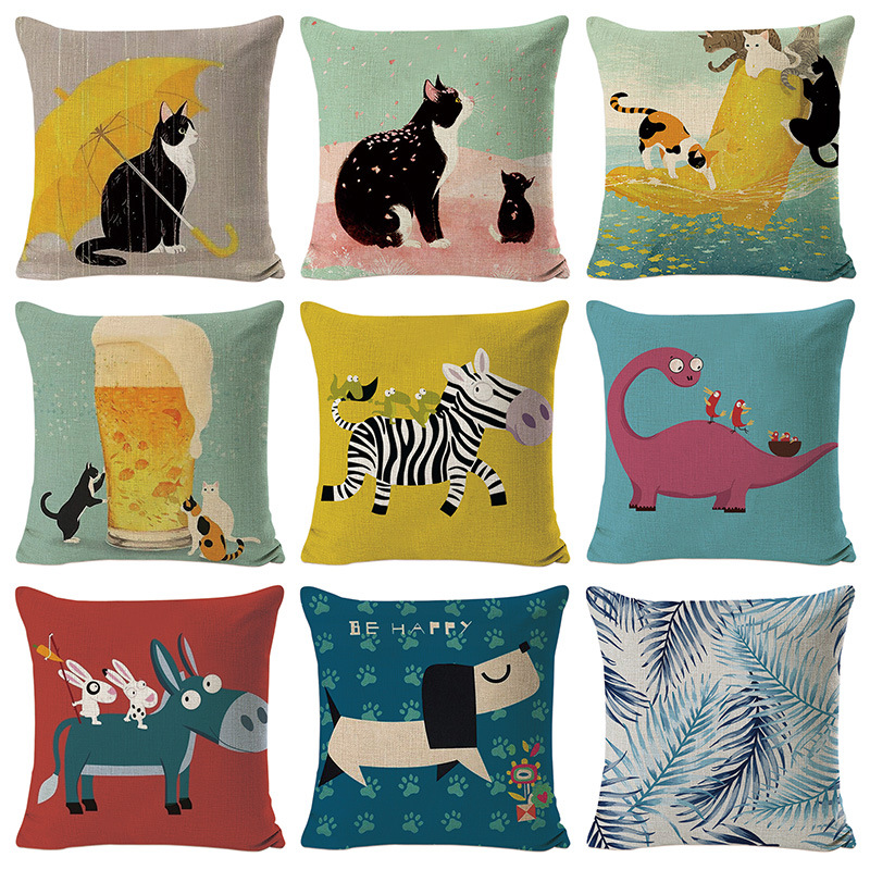 YOUR SMILE Children Series Cute Cartoon Animal Cotton Linen Decorative Throw Pillow Case Cushion Cover Pillowcase for Sofa 18 x 18 Inch