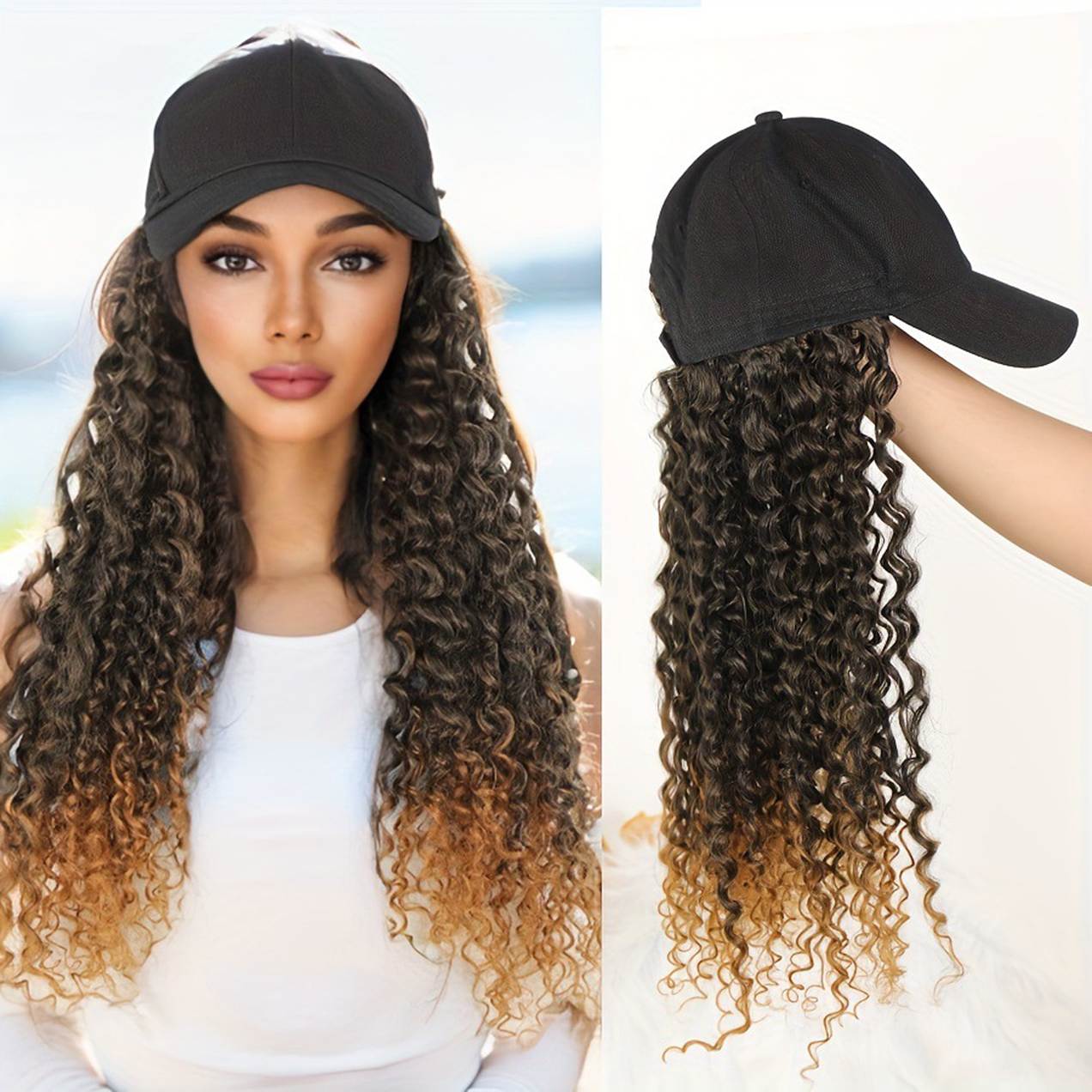 Long curly black baseball cap wig, integrated instant noodle roll, small roll natural wig