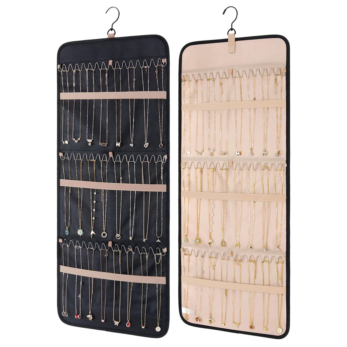 Hanging jewelry storage roll with hook metal storage box necklace rack, anti-tangle earring ring hook with pockets, can be hung on the wardrobe, wall, door, double-sided jewelry storage box