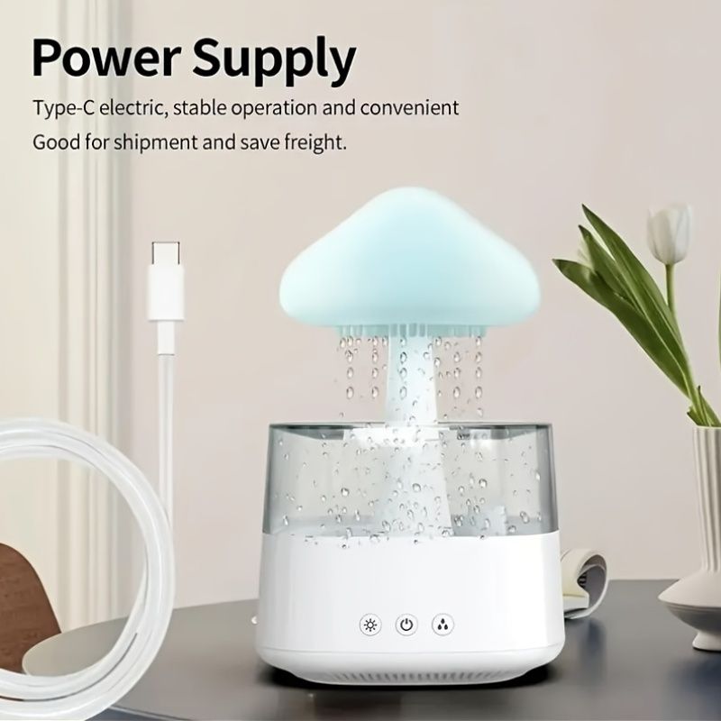 USB Powered Mushroom Cloud Humidifier - Evaporative Cool Mist Bedroom Air Humidifier with Sleeping Rain Sound, Adjustable LED Lights & Remote Control, Plastic Material - Whole House Humidification