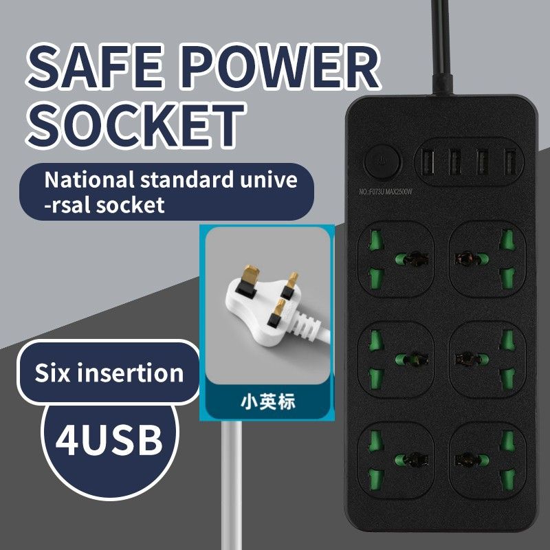 Black British Standard Power Strip with 6 Universal Round Hole Sockets, Multi-Function International Extension Lead, UK Plug Portable Power Board for Home Office Travel
