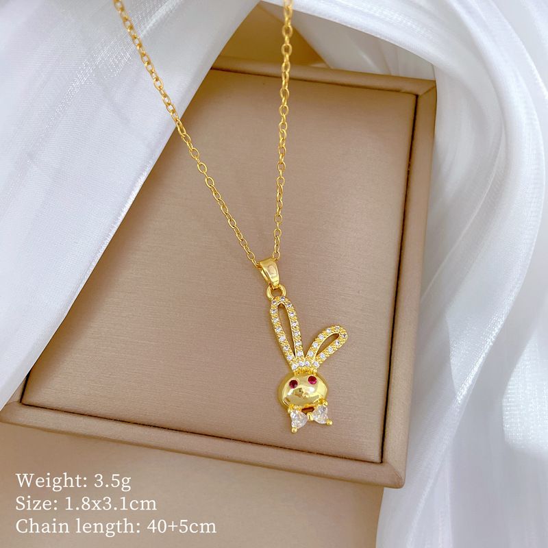 Titanium Steel Chain Cute Long‑Ear Rabbit Pendant Necklace Micro‑Pave Cubic Zirconia Red Eye Accent Luxury Elegant Women Clavicle Chain Fashion Neck Jewelry Versatile Daily Dating Party Accessory Gift for Ladies
