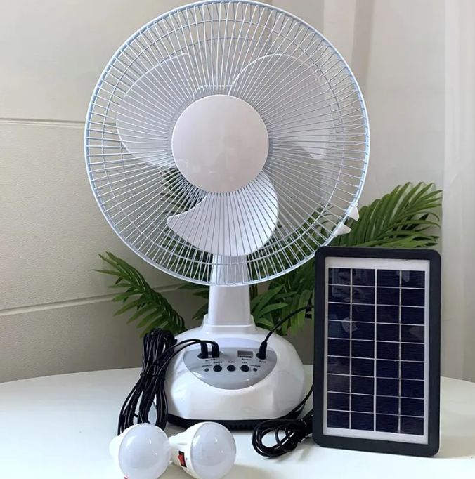 12-Inch DC Rechargeable Home Solar Powered Electric Fan With Solar Panel and Light Bulb