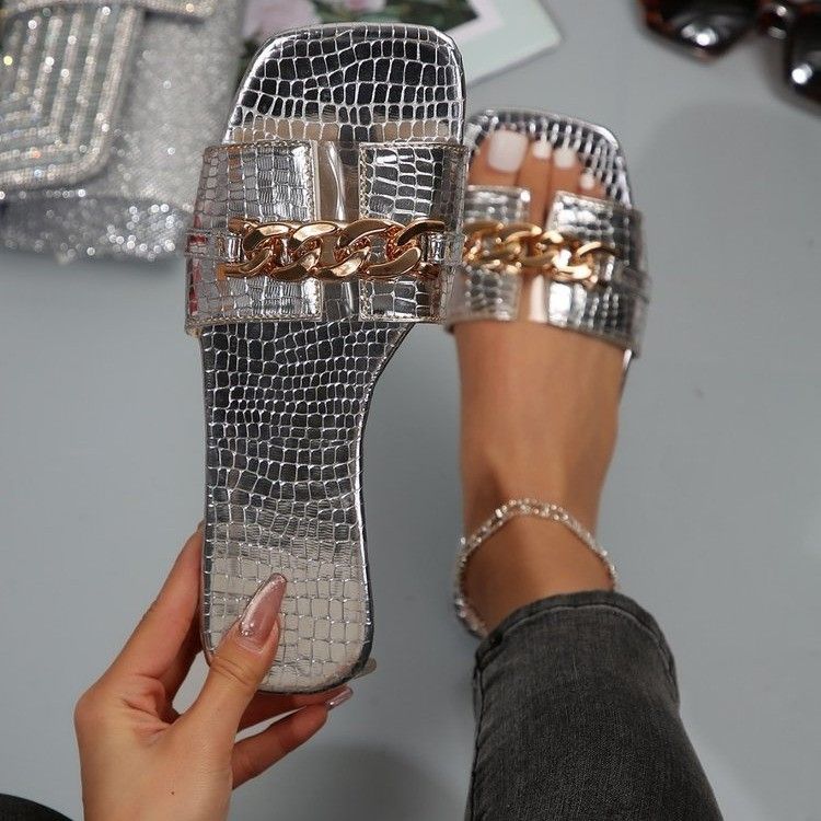 2024 Europe and the United States new chain square flat slippers women wear a word flip-flops