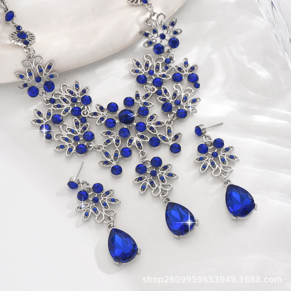 Alloy Jewelry Set Ornaments Flower Drop shape royal blue collarbone necklace earrings 2432