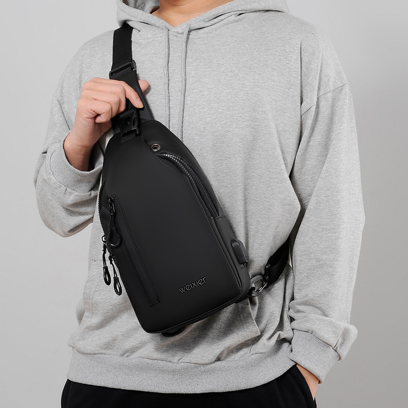 Headphone hole crossbody chest bag Mobile crossbody bag men's black bags CRRshop free shipping male best sell portable chest bag headset anti-theft snug storage diagonal shoulder bags man new fashion trend scratch and splash resistant shoulder strap can be adjusted