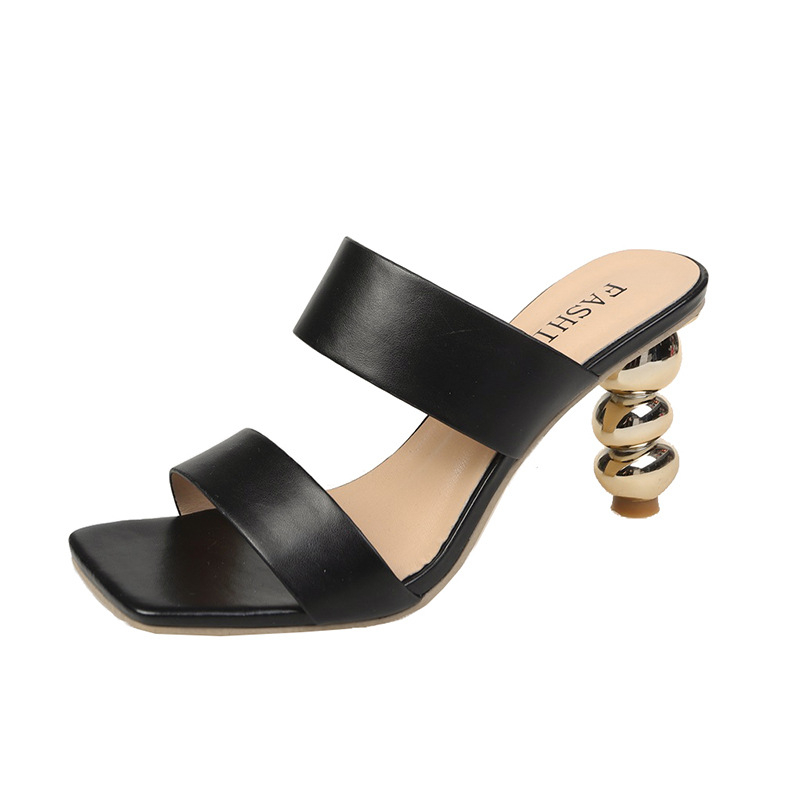 Women's Electroplated Heeled Sandals Leather Two Straps Chunky Heel Mules