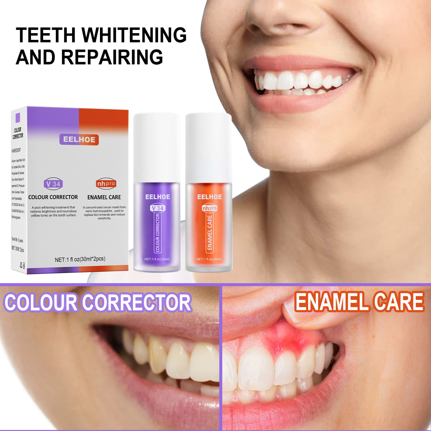 V34 Colour Corrector and Nhpro Enamel Care Toothpaste Kit, Purple Toothpaste for Teeth Whitening and Teeth Cleaning