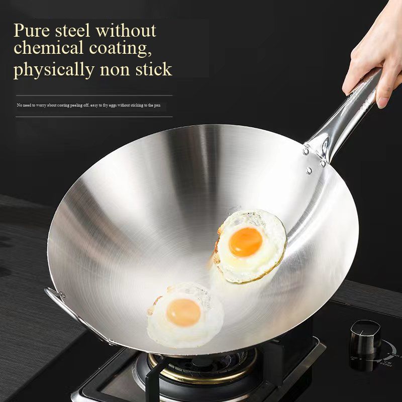 Single Handle Stainless Steel Round Bottom Wok, Large Cooking Wok Pan for Home, Gas Stove Compatible, Professional Chinese Stir Fry Pan with Riveted Handle