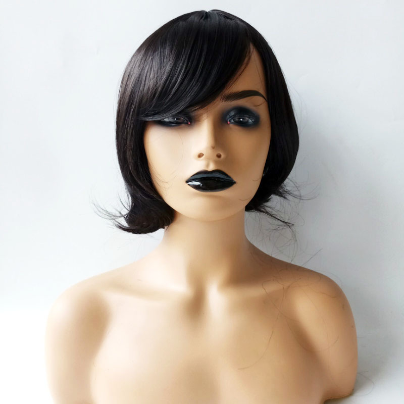 K104 Natural Looking Short Wavy Wigs With Side Bangs for Black Women Realistic Synthetic Shoulder Length Curly Wigs With layers Fringe For Daily Use Wig 14 inches
