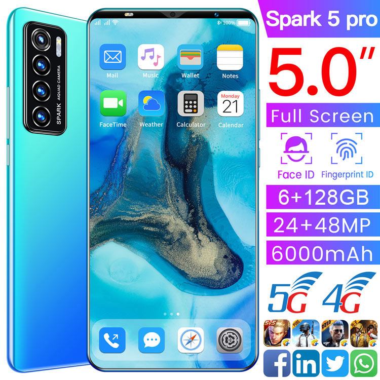 Spark 5 pro Smartphone 5.0Inch Full screen 6GB RAM+128GB ROM Dual Sim Dual Standby Face Recognition Mobile Phone