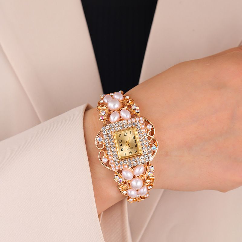 Women's Vintage Pearl & Crystal Bangle Watch, Gold-Tone Square Dial Quartz Wristwatch, Elegant Fashion Jewelry for Ladies, Casual & Party Wear
