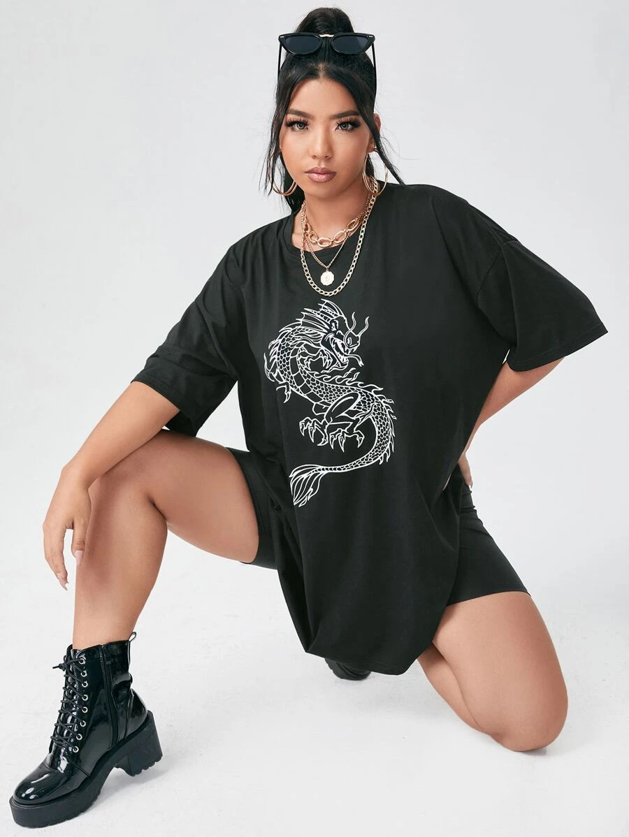  DX037# Women Chinese Dragon Print Oversized Tee T-Shirt